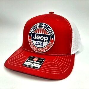 Jeep Richardson 112 Trucker Mesh Snapback Cap Hat Red & White Embroidered Patch